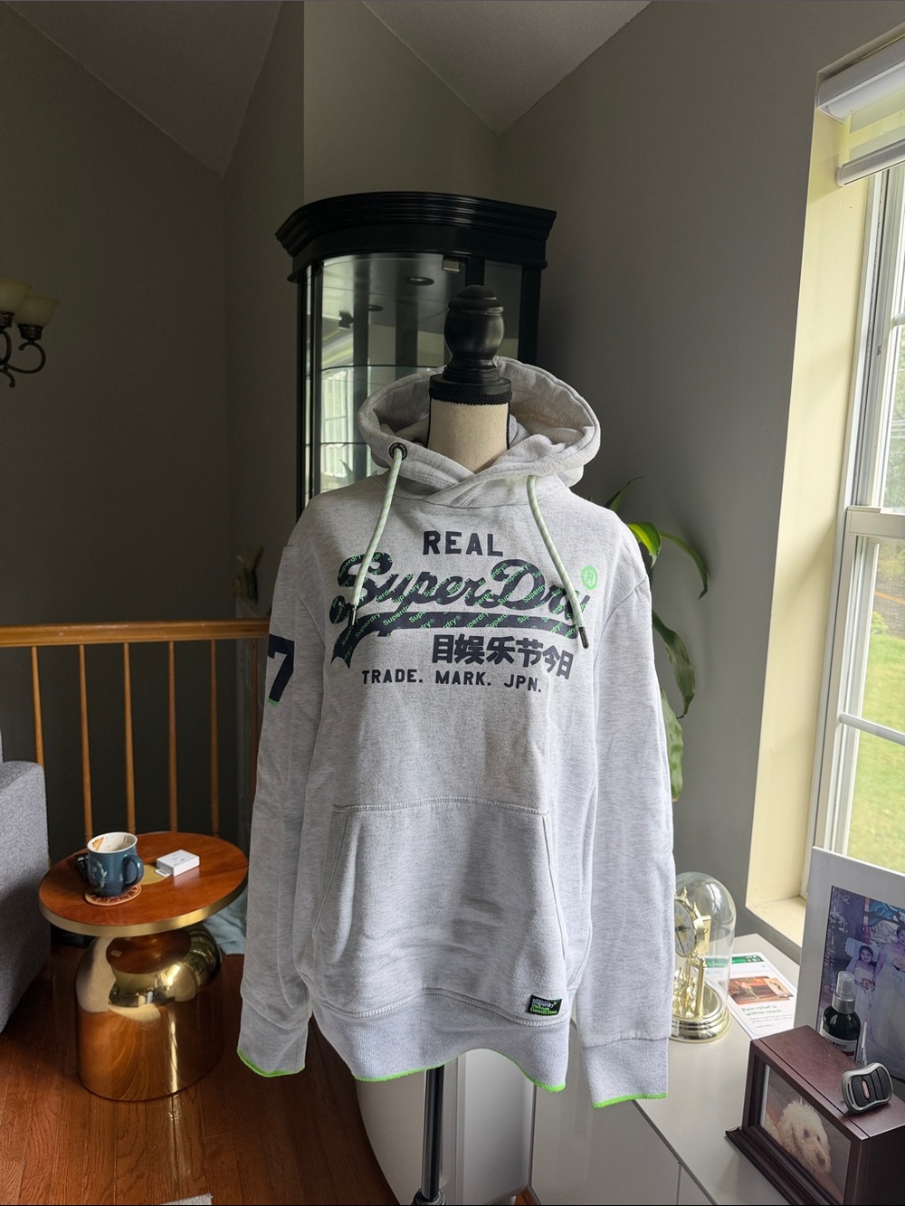 Superdry Men's Light Gray Hoodie with Green Logo Accents